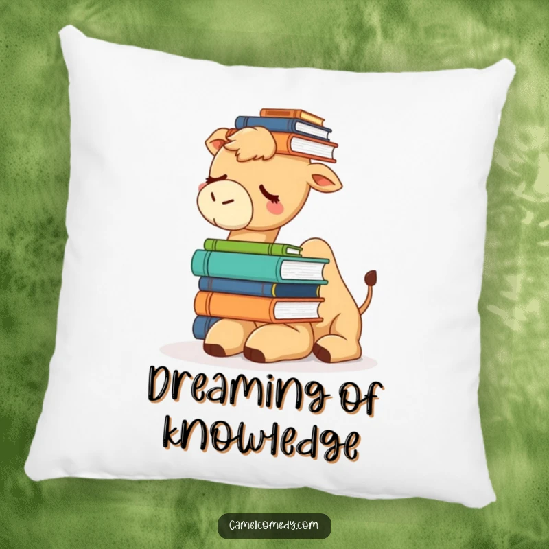 Funny pillow showing a tired camel balancing a stack of books on its head, perfect for a study nook or bedroom.