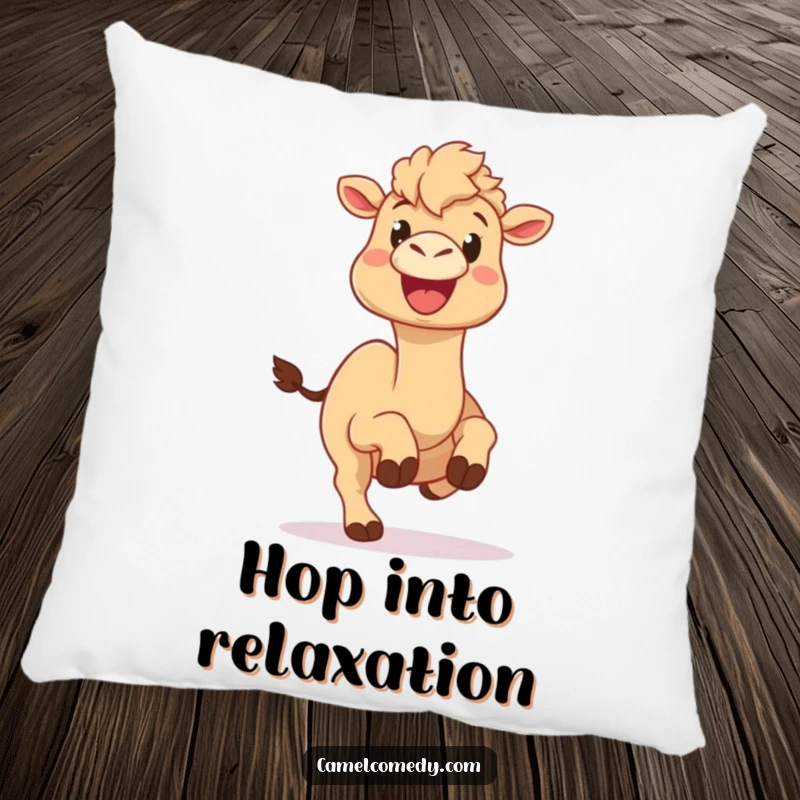 Funny camel pillow showing a camel with a huge, happy grin doing a silly hop, offering comfort and infectious cheer.
