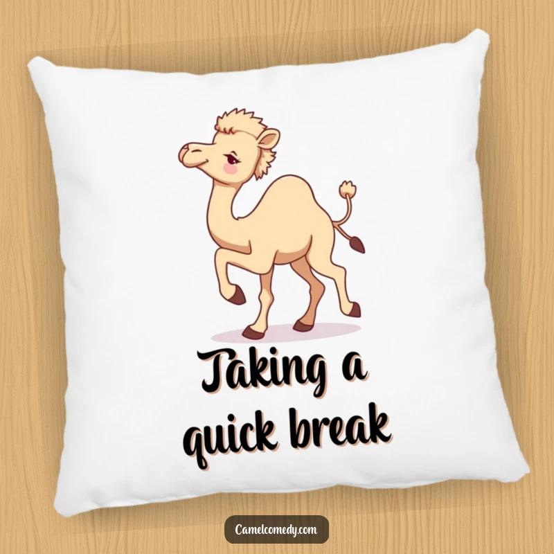 Funny camel pillow showing a camel in motion with a raised leg, looking back with a playful wink, offering cozy humor.