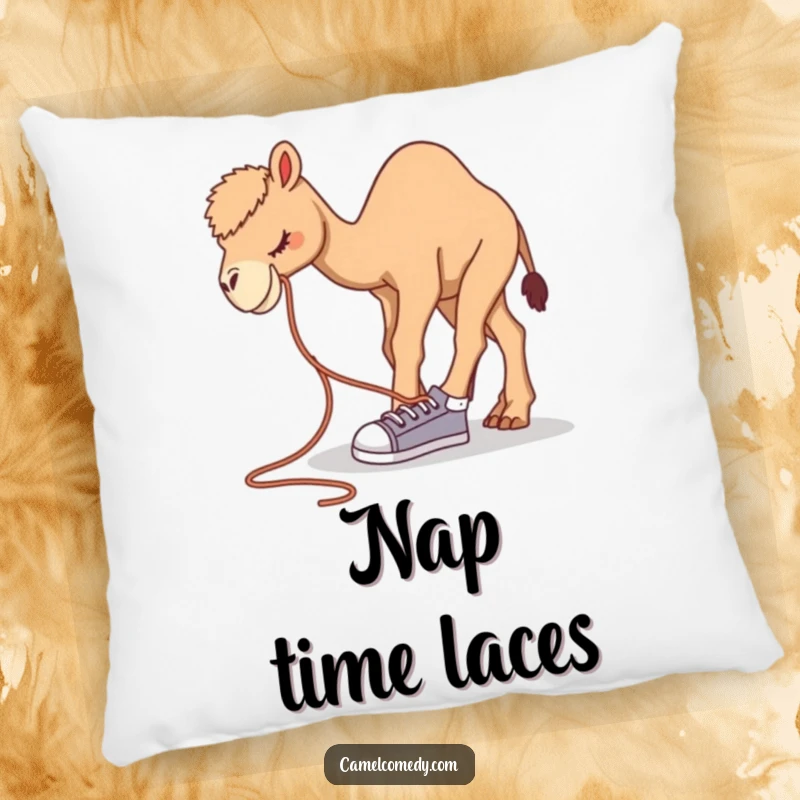 Funny camel pillow depicting a camel bending over to tie a comically large shoelace, bringing quirky humor.