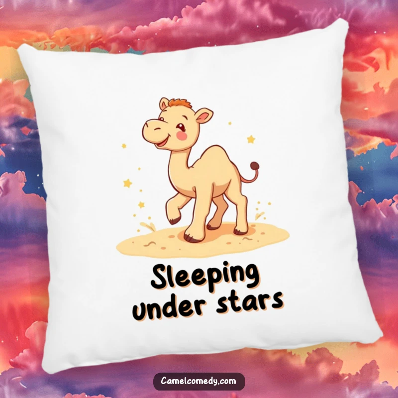 Funny camel star kicker pillow with a camel joyfully kicking up sand amidst tiny stars, offering cozy humor and playful charm.