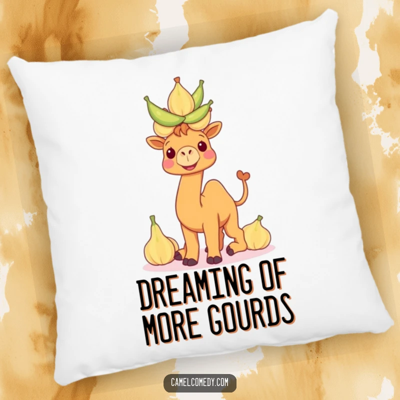 Funny camel pillow showing a smiling camel balancing a tower of water gourds, offering comfort and desert-themed humor.