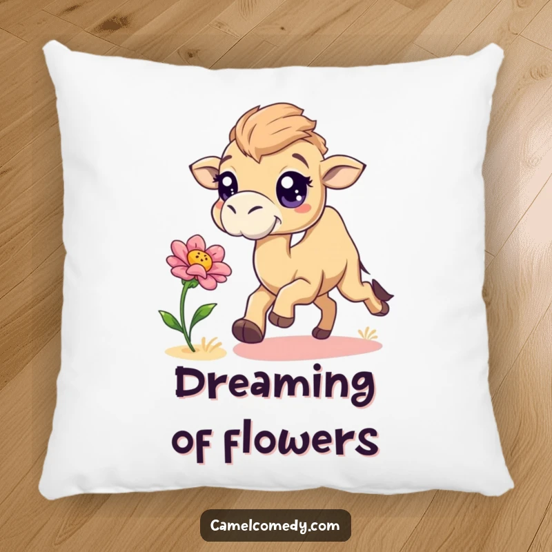 Funny camel with sparkling eyes chasing a desert flower, depicted on a soft, decorative, and humorous pillow.