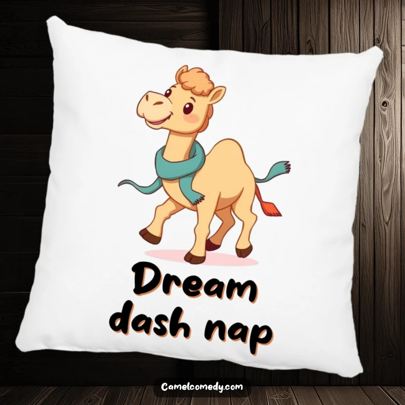 Funny Galloping Camel Pillow: a smiling camel gallops with a jaunty scarf trailing, providing funny comfort and decorative charm.