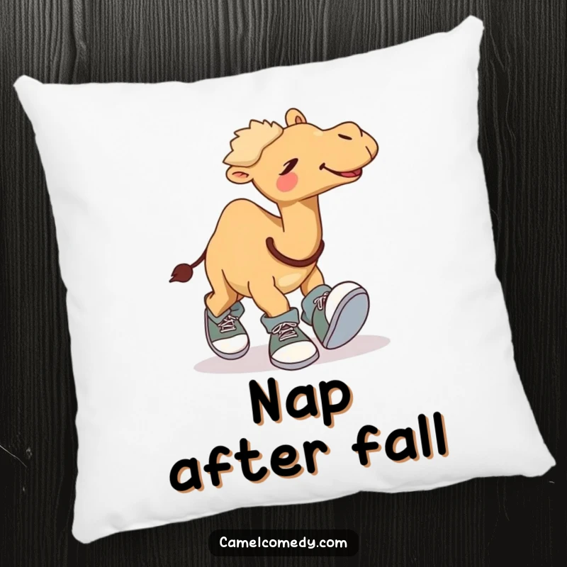 Funny pillow with a giggling camel comically tripping over its own oversized shoes, a soft and humorous decorative accent for any room.