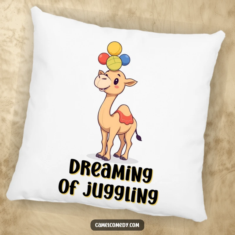 Funny camel juggling colorful balls on its hump, depicted on a soft, decorative, and humorous pillow.