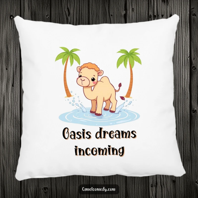 Funny Kawaii camel pillow showing a joyful camel splashing water from a small oasis, perfect for a cozy and funny accent.