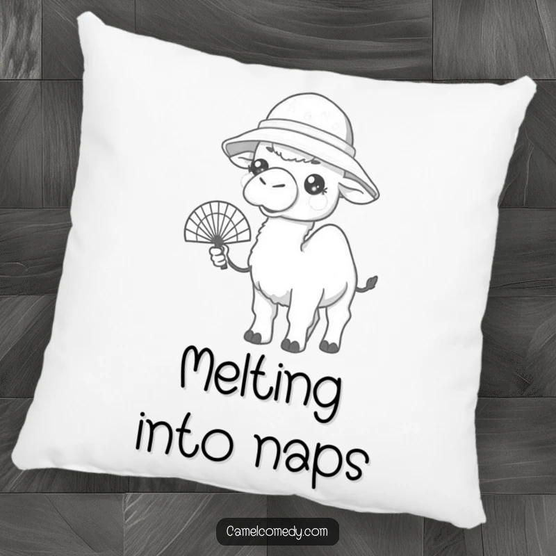 Funny pillow with a kawaii camel in a bucket hat, holding a fan, looking warm, adding cozy summer humor.