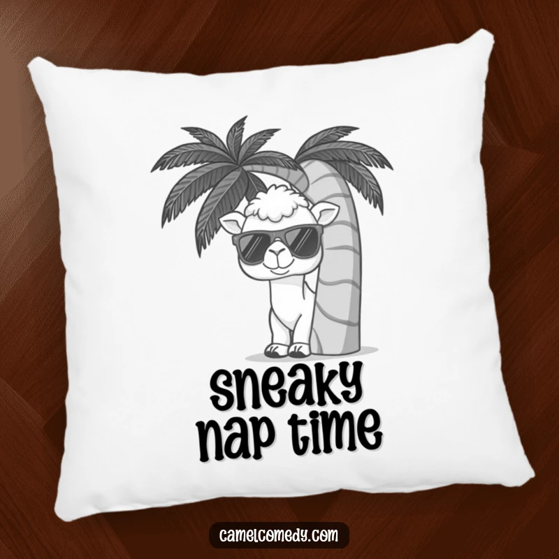 Funny pillow with a kawaii camel wearing sunglasses, peeking from behind a palm tree, adding cozy tropical humor.