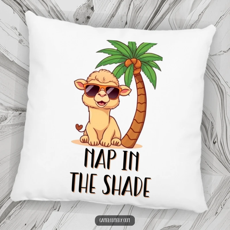 Funny kawaii camel wearing sunglasses, peeking from behind a palm tree, depicted on a soft pillow.
