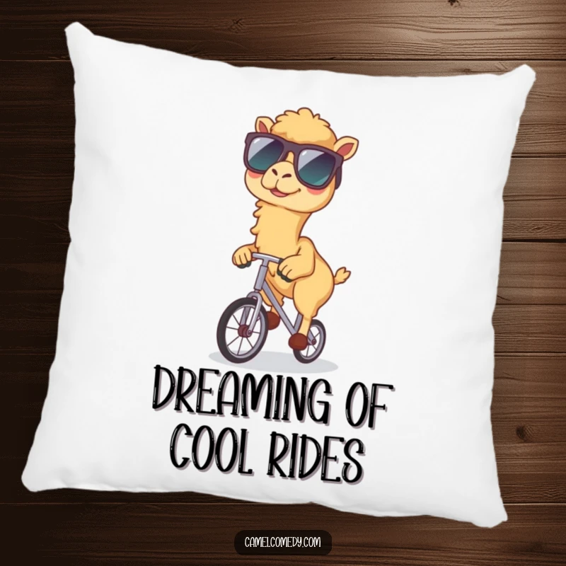 Funny pillow featuring a kawaii camel in sunglasses riding a unicycle, providing comfort and eccentric humor.