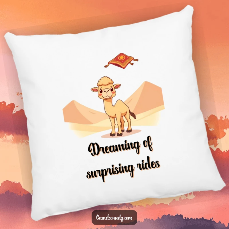 Kawaii camel looking surprised by a flying carpet, featured on a soft pillow with desert dunes, adding whimsical comfort to any seat.