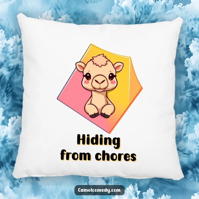 Funny camel peeking behind a bright geometric shape, depicted on a soft, decorative, and humorous pillow.