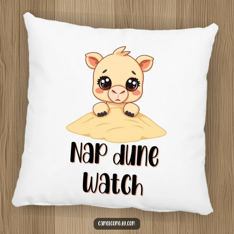 Funny Kawaii Camel Pillow: a fluffy camel with large, expressive eyes peeks over a sand dune, offering funny comfort and adorable decor.