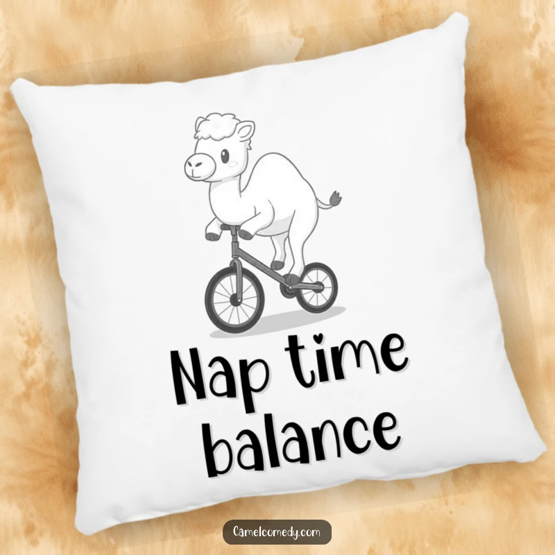 Funny pillow with a kawaii camel happily wobbling on a tiny unicycle, adding cozy and humorous circus vibes.