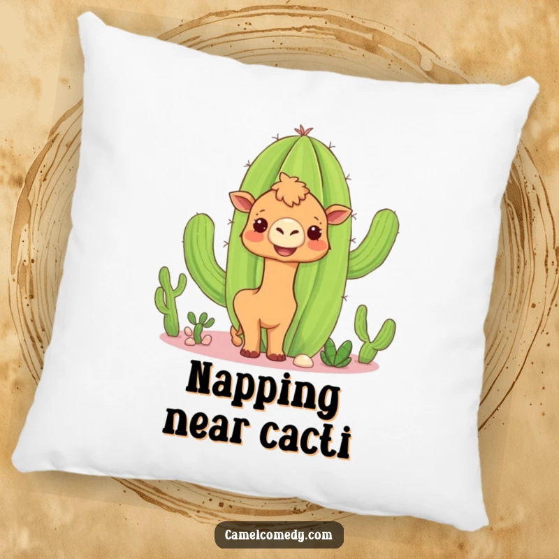Funny camel cactus pillow with a curious camel peeking around a smiling cactus, offering soft comfort and humorous desert vibes.