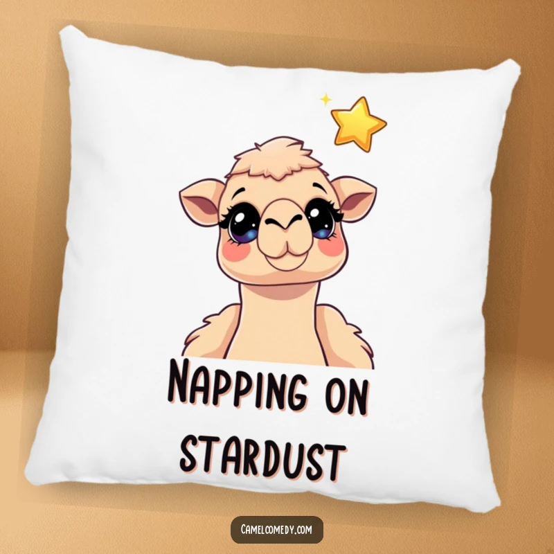 Funny camel pillow showing a camel with sparkling eyes looking up at a floating cartoon star, offering comfort and whimsical dreams.