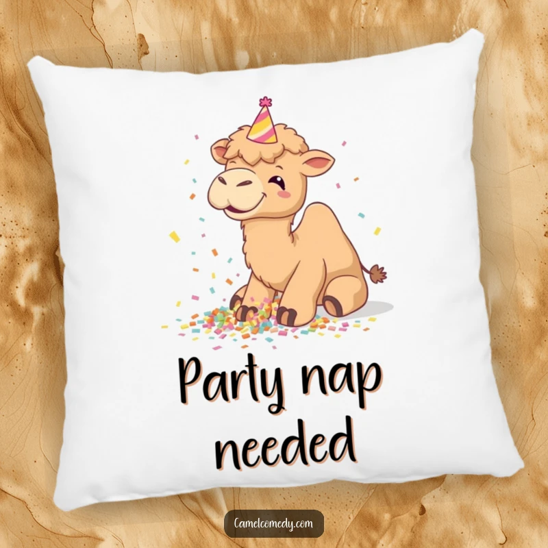 Funny camel pillow, giggling happily while spilling confetti, adorned with a party hat, great for sofas.