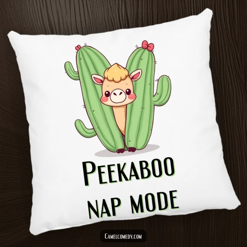 Funny pillow featuring a kawaii camel shyly peeking from behind a smiling cactus, offering comfort and desert-themed humor.