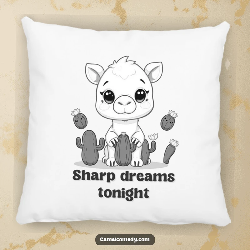 Funny pillow with a kawaii camel juggling cacti, wide-eyed and ready to add desert humor to any room.