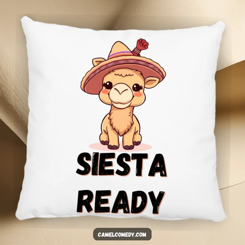 Funny pillow showing a giggling camel wearing a tiny sombrero and tipping it, embodying festive fun and charm.