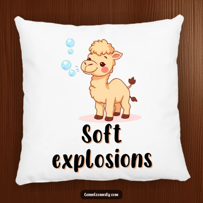 Funny pillow with a tiny camel happily blowing a large stream of sparkly bubbles, a soft and humorous decorative accent.