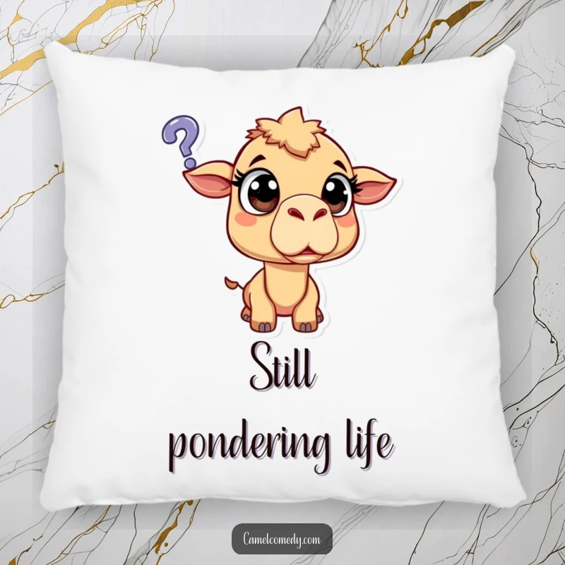 Funny surprised camel with wide eyes, looking bewilderedly at a floating question mark, soft and humorous accent pillow.