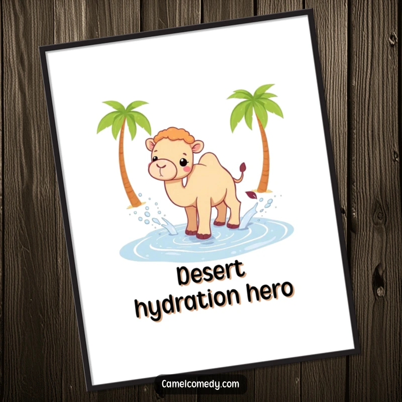 Funny Kawaii camel digital art print of a camel playfully splashing water from a tiny oasis, full of cheerful energy.
