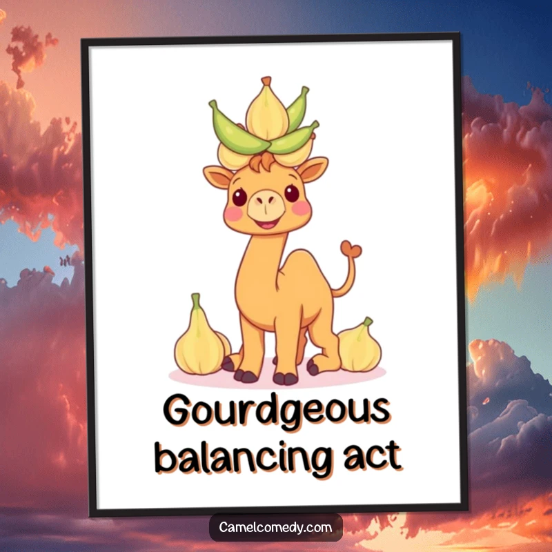 Funny camel digital art print of a smiling camel balancing a tower of water gourds, perfect for adding humorous wall decor.