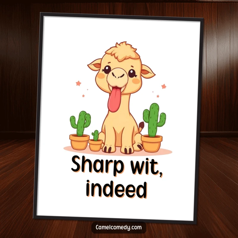 Funny digital art print of a camel sticking its tongue out while juggling three small cacti, capturing a daring and humorous moment.