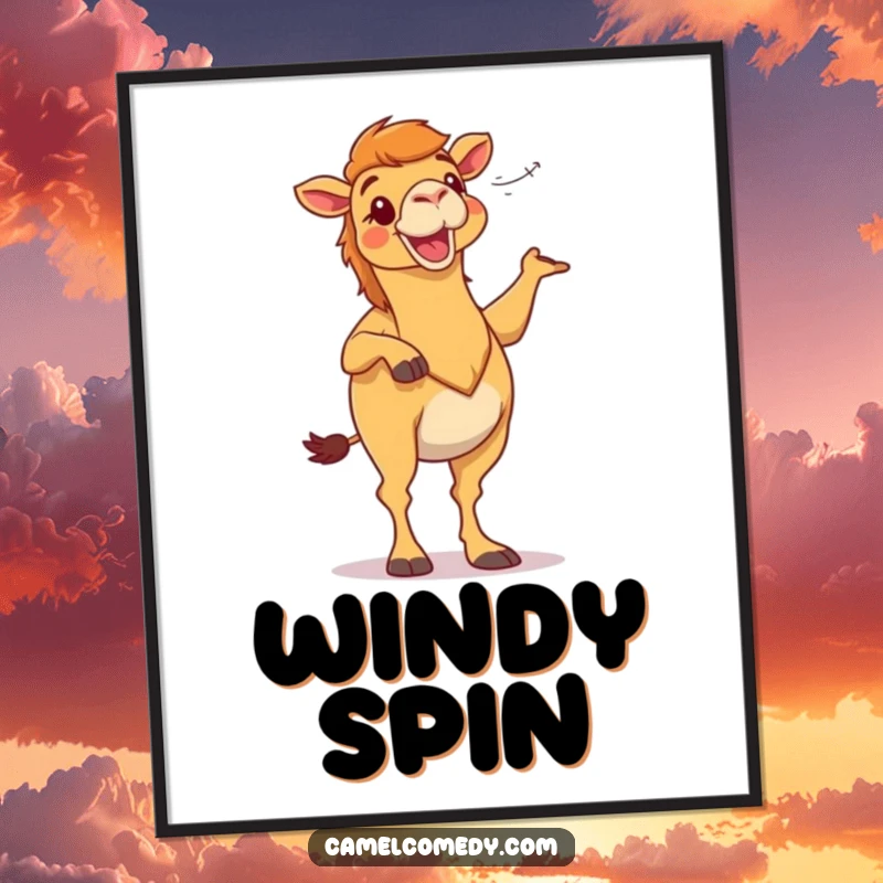 Funny camel character dancing energetically in desert wind, as a printable digital art piece, perfect for a humorous gift.