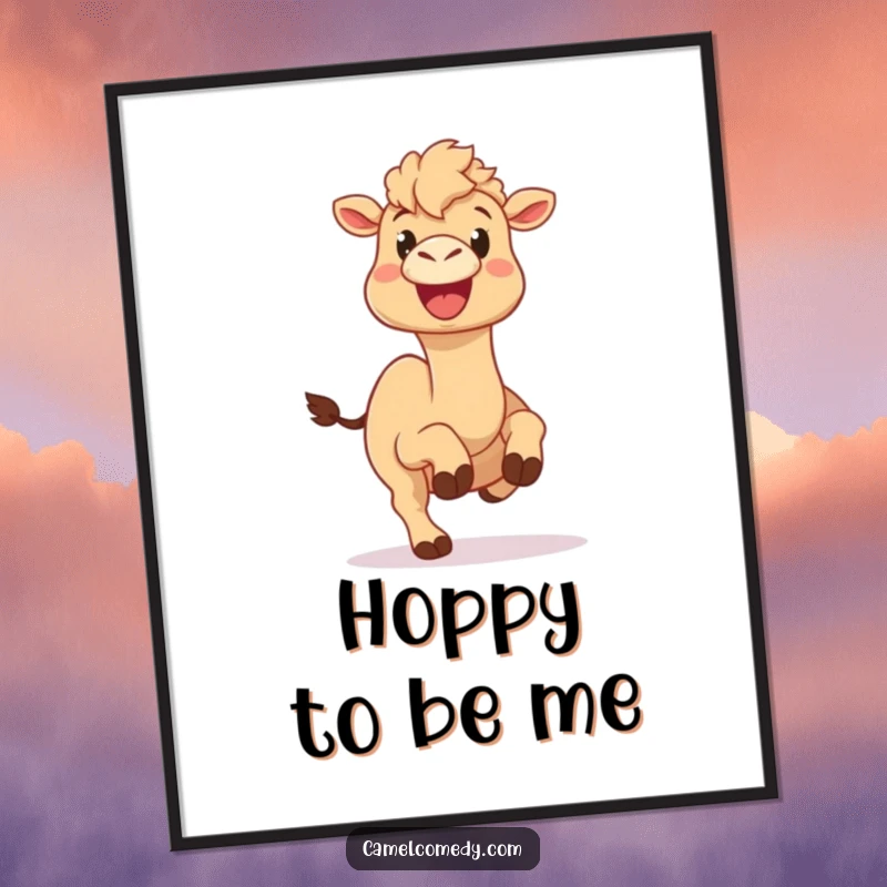 Funny camel digital art print of a camel with a big, happy expression doing a silly hop, perfect for joyful wall decor.