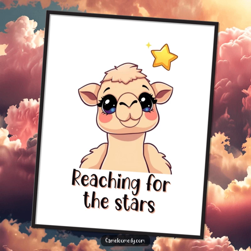 Funny camel digital art print of a camel with sparkling eyes looking up at a floating cartoon star, perfect for whimsical wall decor.