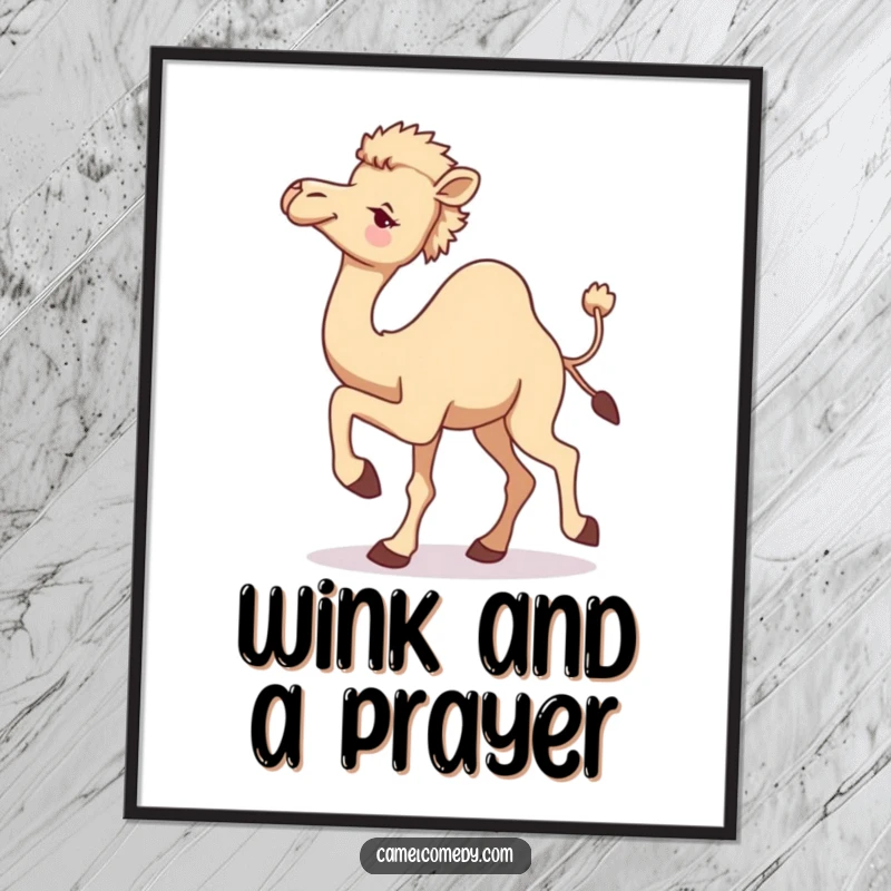 Funny camel digital art print of a camel in motion with a playful wink, perfect for adding humorous and lively wall decor.
