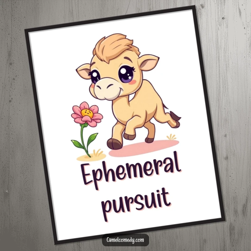 Funny camel with sparkling eyes chasing a desert flower, available as a humorous digital art print download.