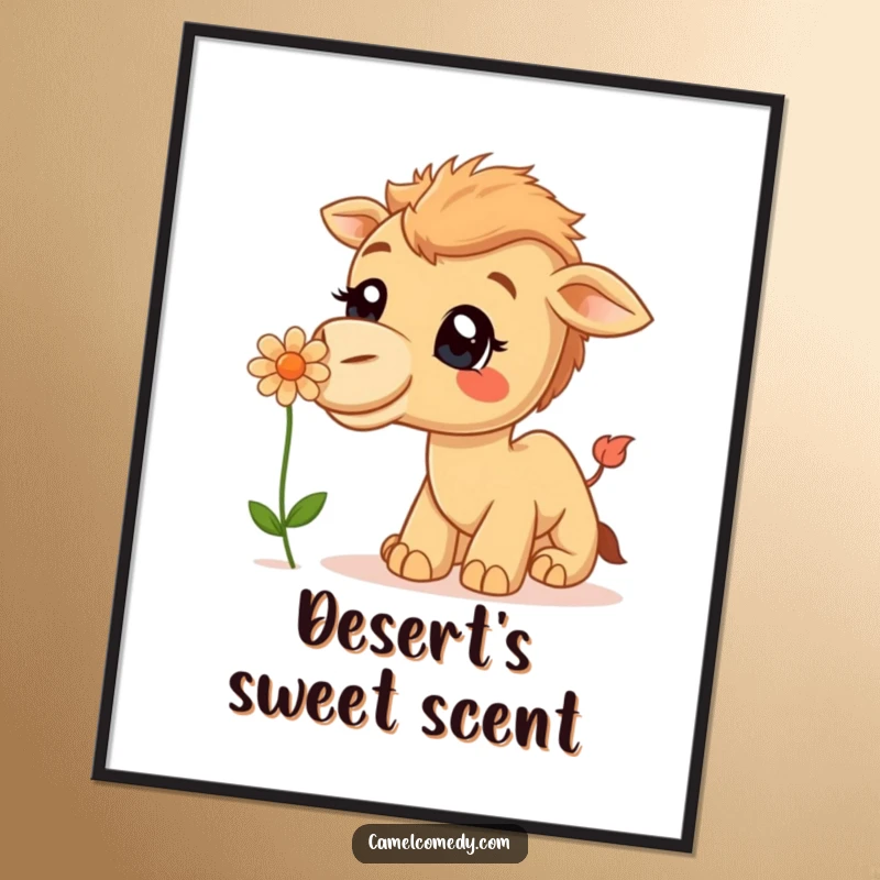 Funny Digital Art Print: A curious camel with a big smile is depicted sniffing a delicate desert flower.