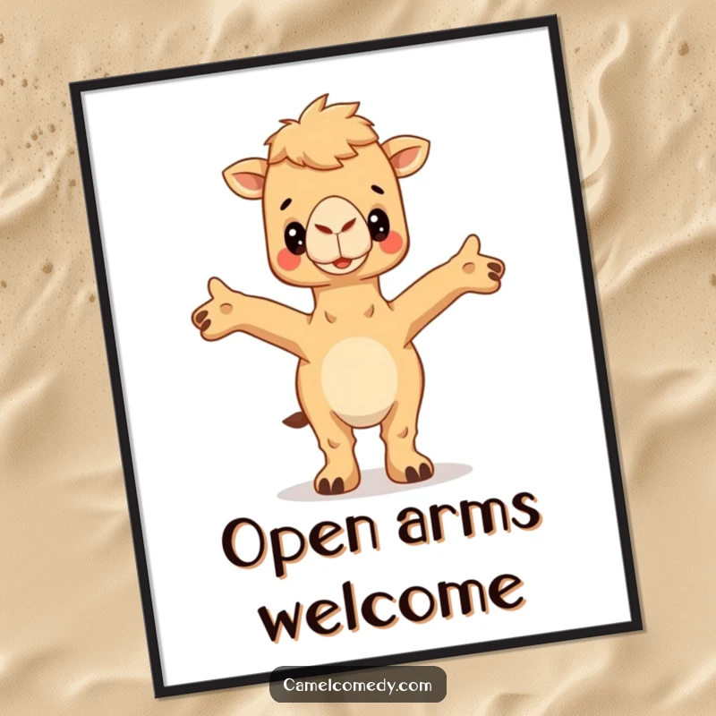 Funny Hugging Camel Digital Art Print showing a camel with arms outstretched, inviting a hug, conveying warmth and humor.