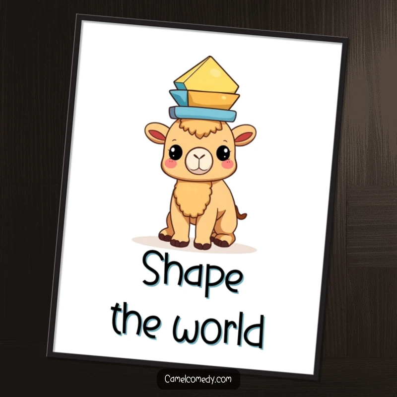Funny Kawaii Camel Digital Art Print of a camel balancing geometric shapes, bringing instant artistic flair.