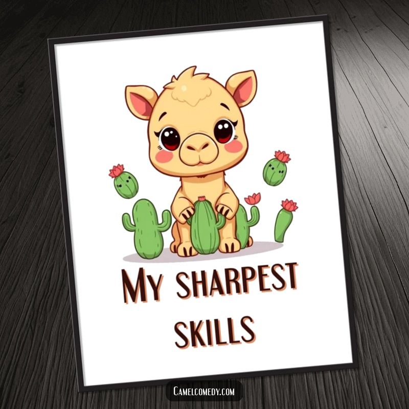 Funny digital art print of a kawaii camel juggling cacti with wide eyes, offering instant desert humor.