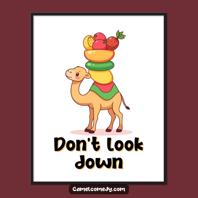 Funny Kawaii Camel Digital Art: High-Res Fruit-Balancing Camel Print, Instant Gift