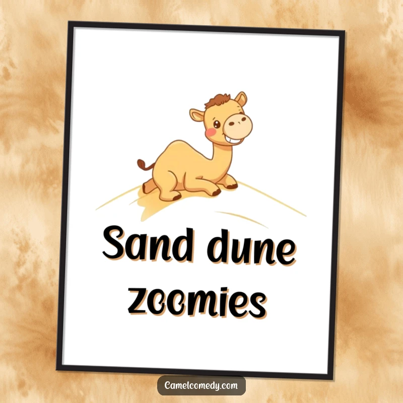 Funny digital art print of a kawaii camel grinning while sliding down a sand dune, offering instant desert humor.