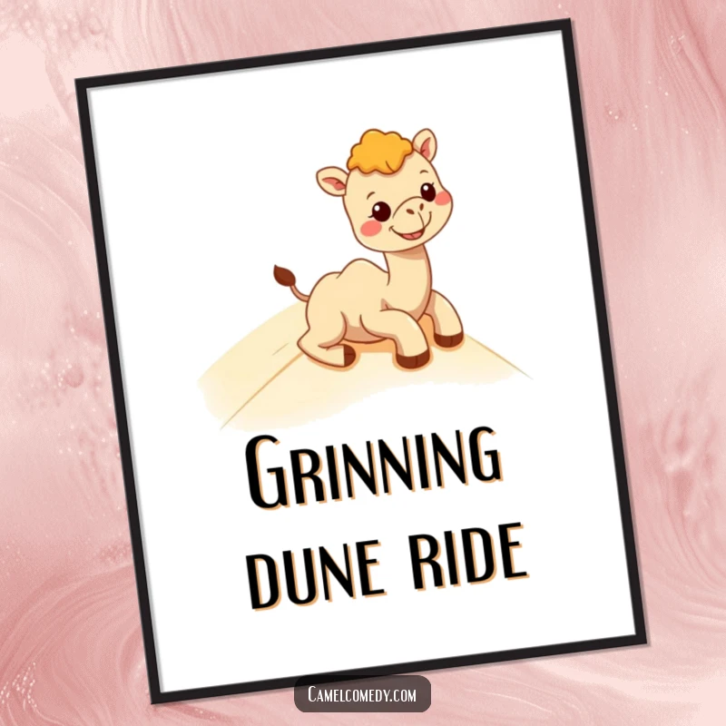 Funny kawaii camel in the middle of a sand dune slide, showing off a huge, happy grin, as a digital art print.