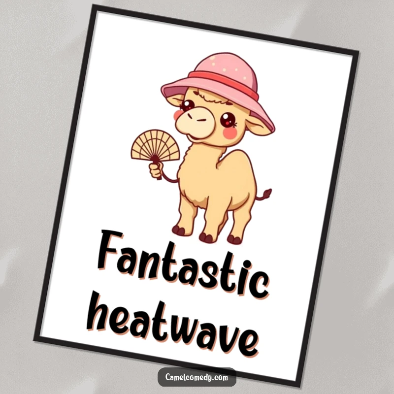 Funny digital art print of a kawaii camel in a bucket hat, holding a fan, looking warm, offering instant summer humor.