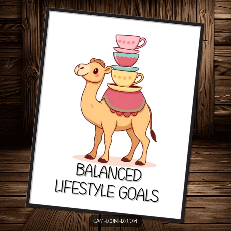 Funny digital art print of a kawaii camel balancing colorful teacups on its hump, a whimsical and humorous decoration.