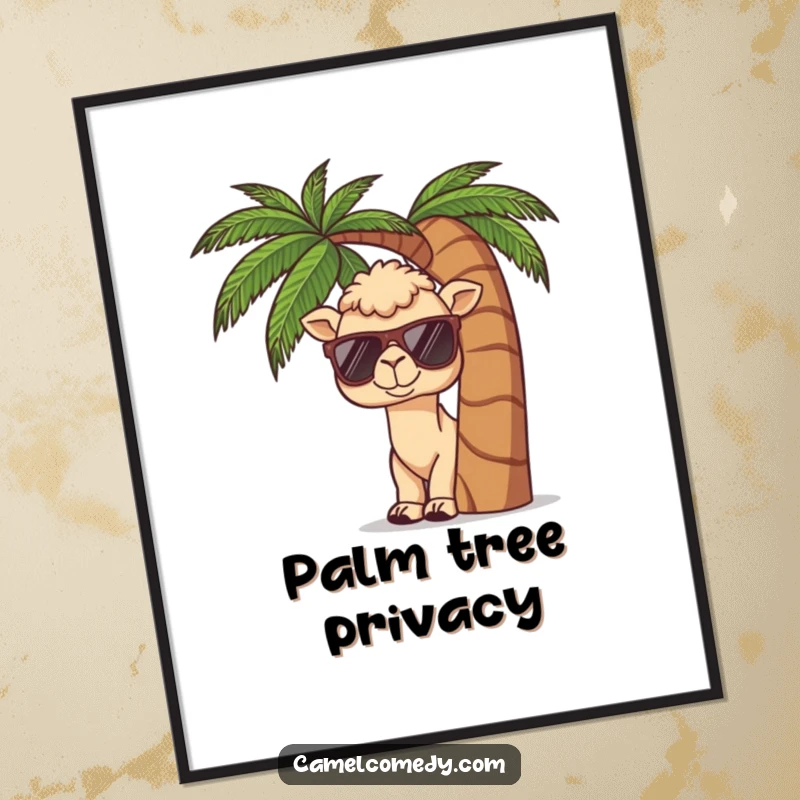 Funny digital art print of a kawaii camel wearing sunglasses, peeking from behind a palm tree, offering instant tropical humor.