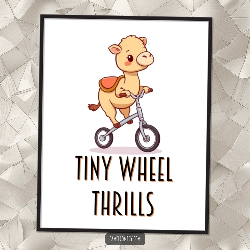 Funny kawaii camel happily wobbling on a miniature unicycle, as a digital art print.
