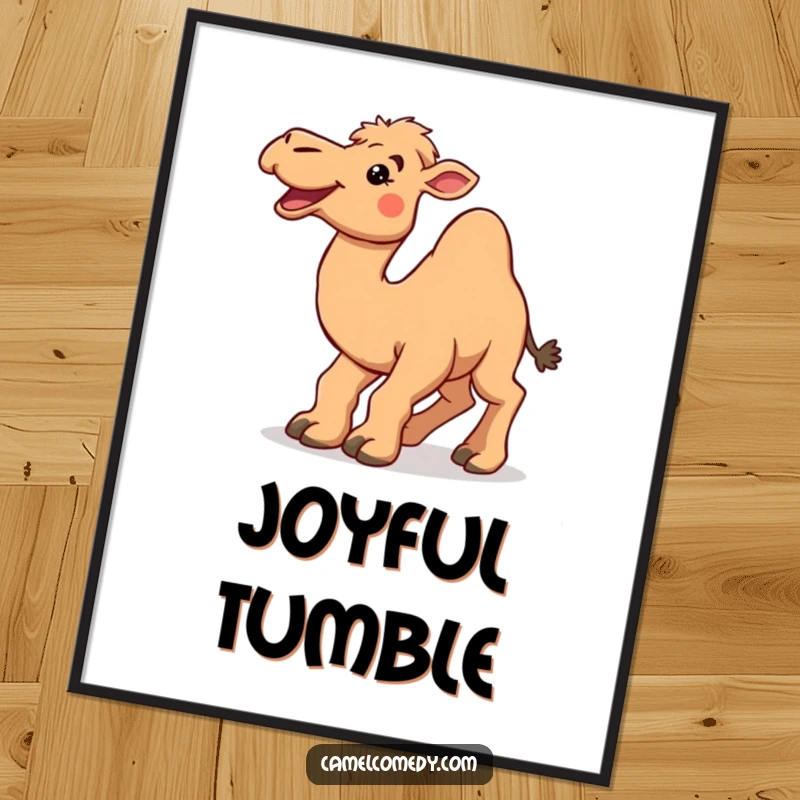 Funny camel with a wide smile tripping over its large feet, available as a humorous digital art print download.