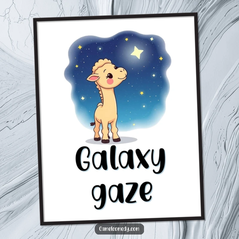 Funny digital art print of a whimsical camel gazing in wonder at a starry night sky, a magical and inspiring piece for any decor.