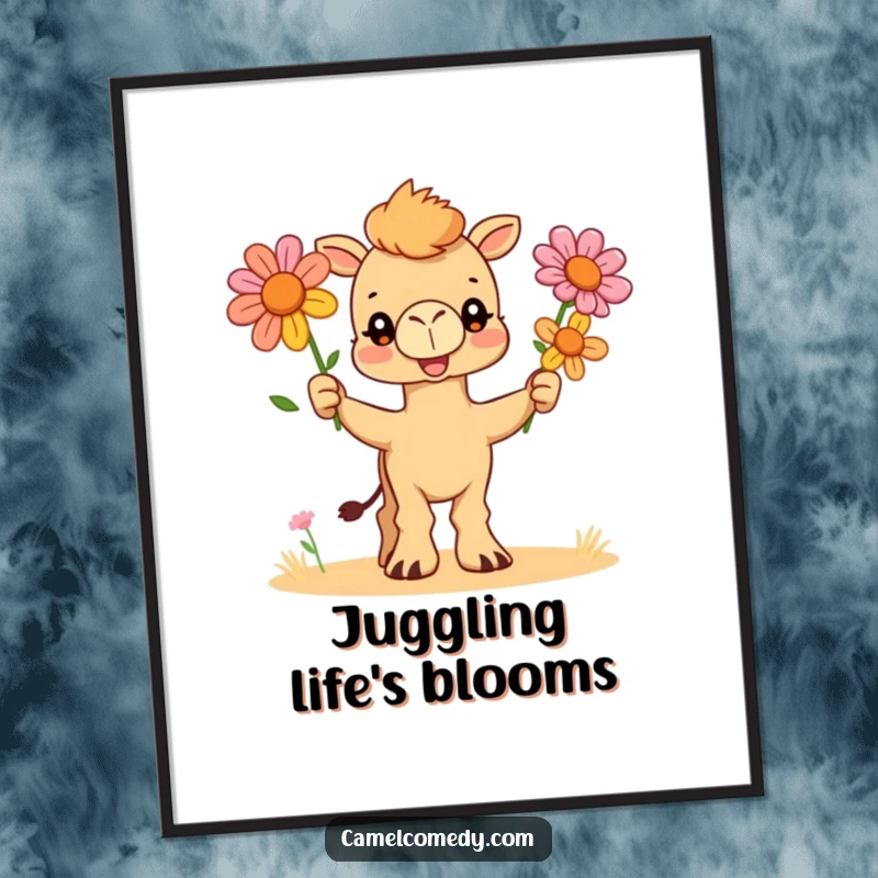 Funny digital art print of a delightful camel character juggling three colorful desert flowers, ready to be printed and displayed.