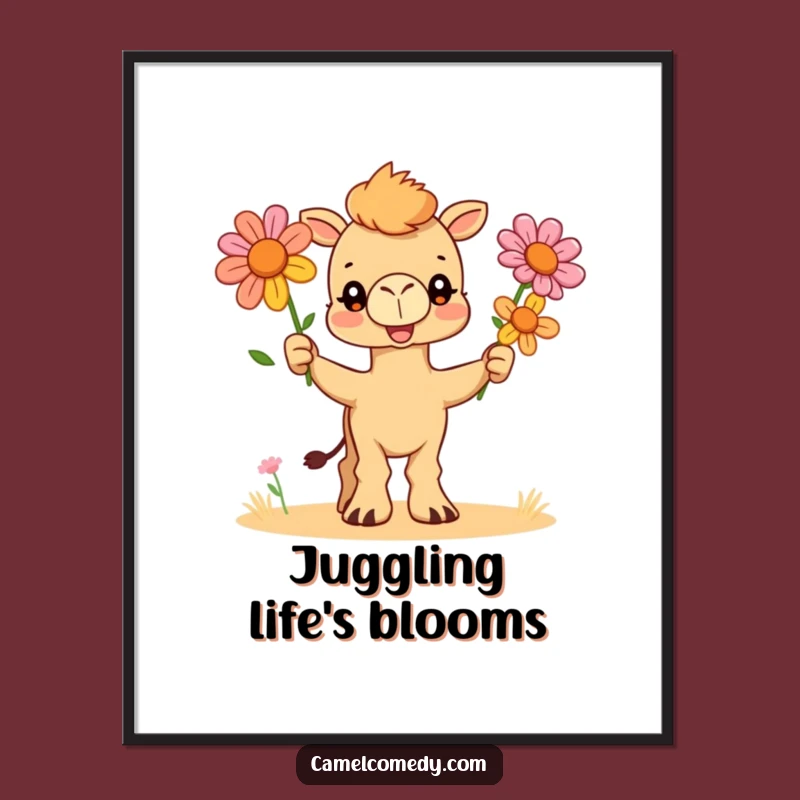 Funny Camel Juggler Digital Art: Printable Desert Flower Illustration, Instant Humorous Gift